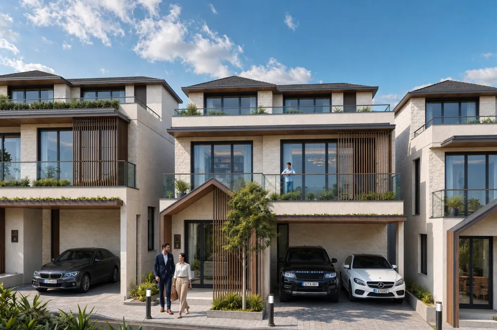 Bannerghatta villas with two-car parking and timber louvres in daylight, artistic impression