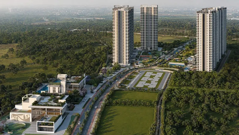 Aerial view of District 25 towers, clubhouse and green grounds
