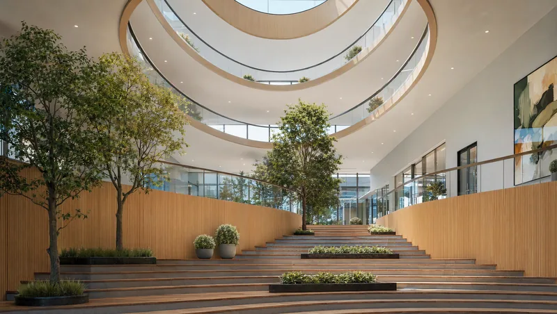 Tiered atrium with trees under a circular skylight