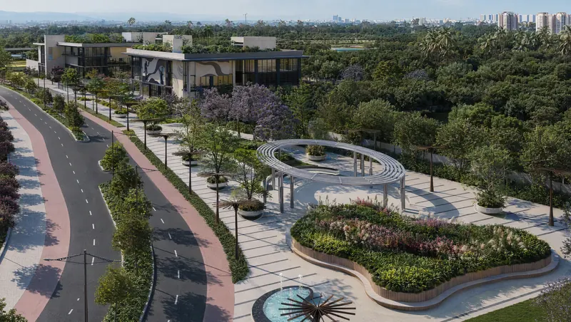 Tree-lined boulevard with a ring pergola and flower beds