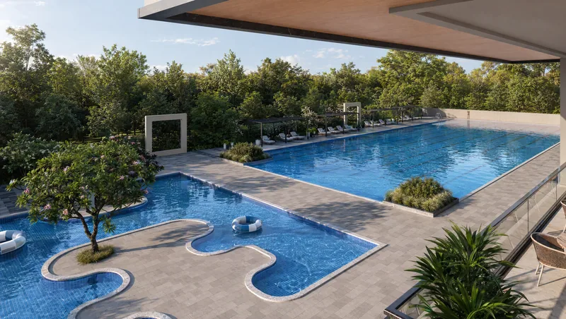Free-form leisure pool and lap pool on a landscaped deck