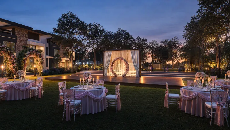 Ellegenza ceremonial lawn dressed for an evening event
