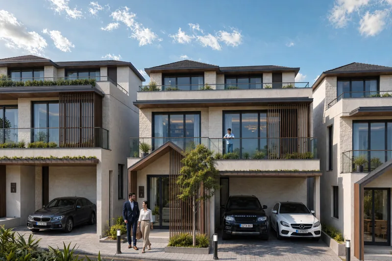 Bannerghatta villas with two-car parking and timber louvres in daylight, artistic impression