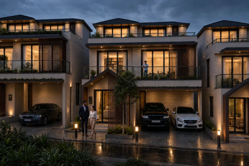 Bannerghatta villas lit up at dusk