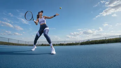 Player serving on a blue tennis court under a bright sky