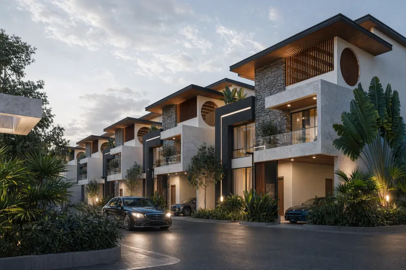 Row of Ellegenza villas along a tree-lined street