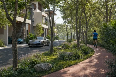 Jogger on a tree-lined nature trail beside the villas, artistic impression
