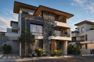 Ellegenza Purple Crest villa with stone-clad facade at dusk, artistic impression