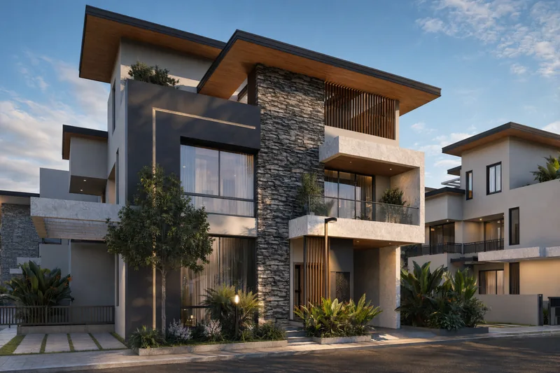 Ellegenza Purple Crest villa with stone-clad facade at dusk, artistic impression