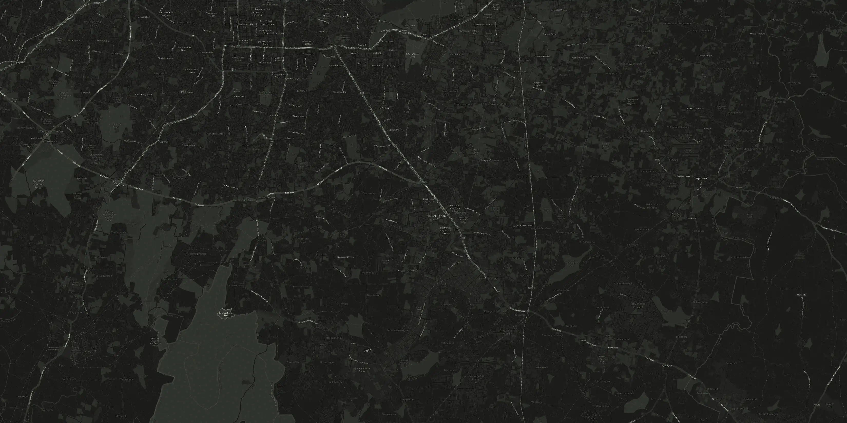 Map of South Bengaluru showing District 25 and Ellegenza near Sarjapur Road and Bannerghatta Villas off Bannerghatta Road